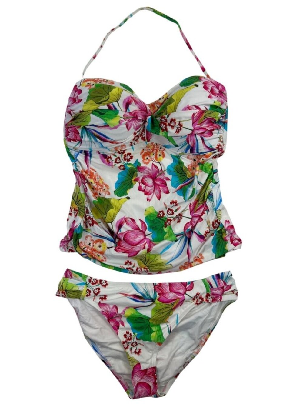 La Blanca Floral Halter Tankini Set Colorful Tropical Ruched Swimsuit Size 14